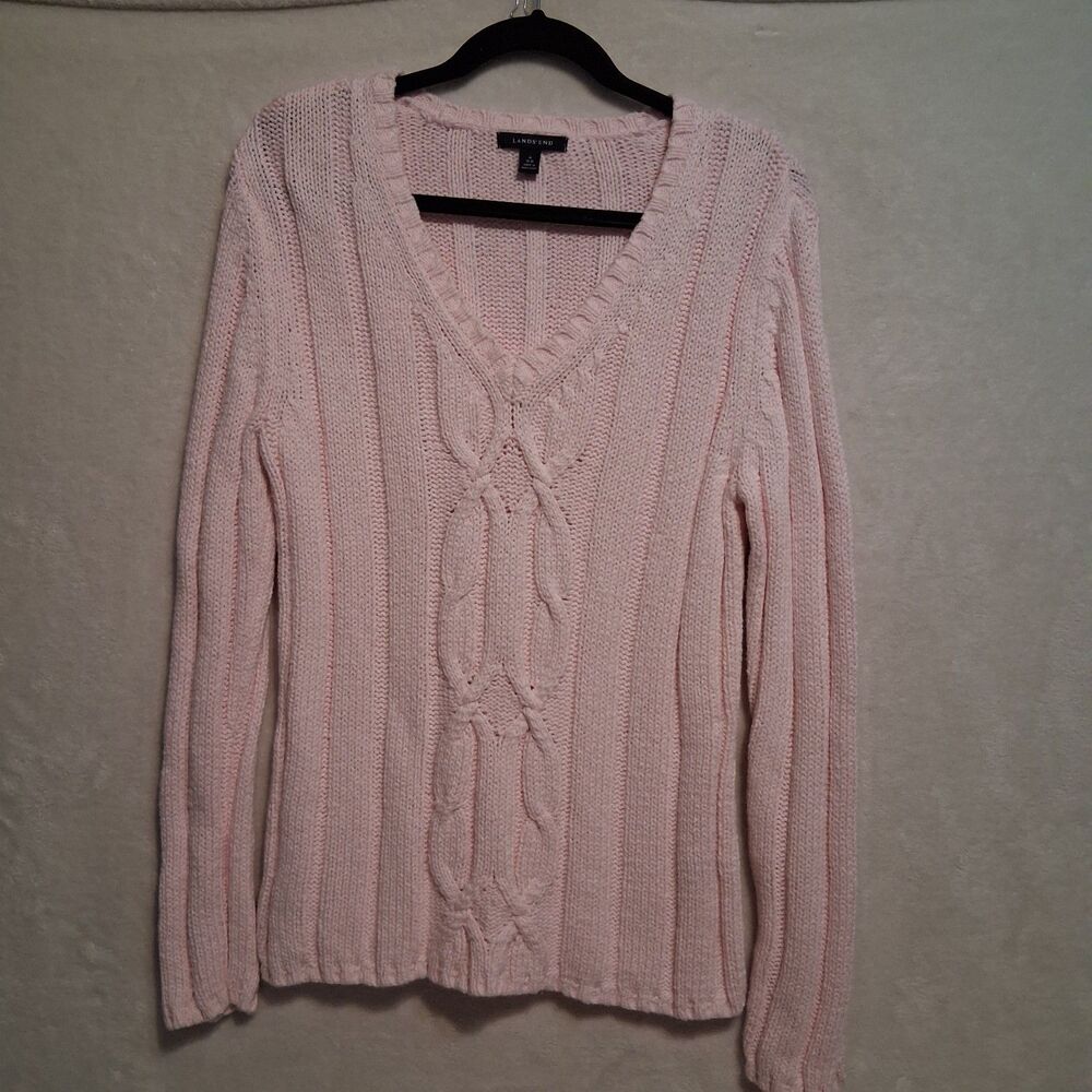 Lands End M Sweater Cable Knit Cotton Light Pink Vintage Old Money Fishermen